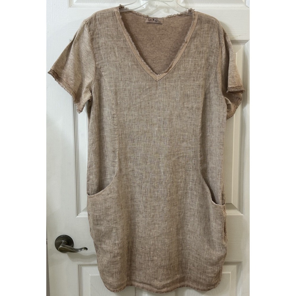 Gigi Moda Italy Women's M/L Brown Linen T-Shirt Dress Cover Up Pockets EUC